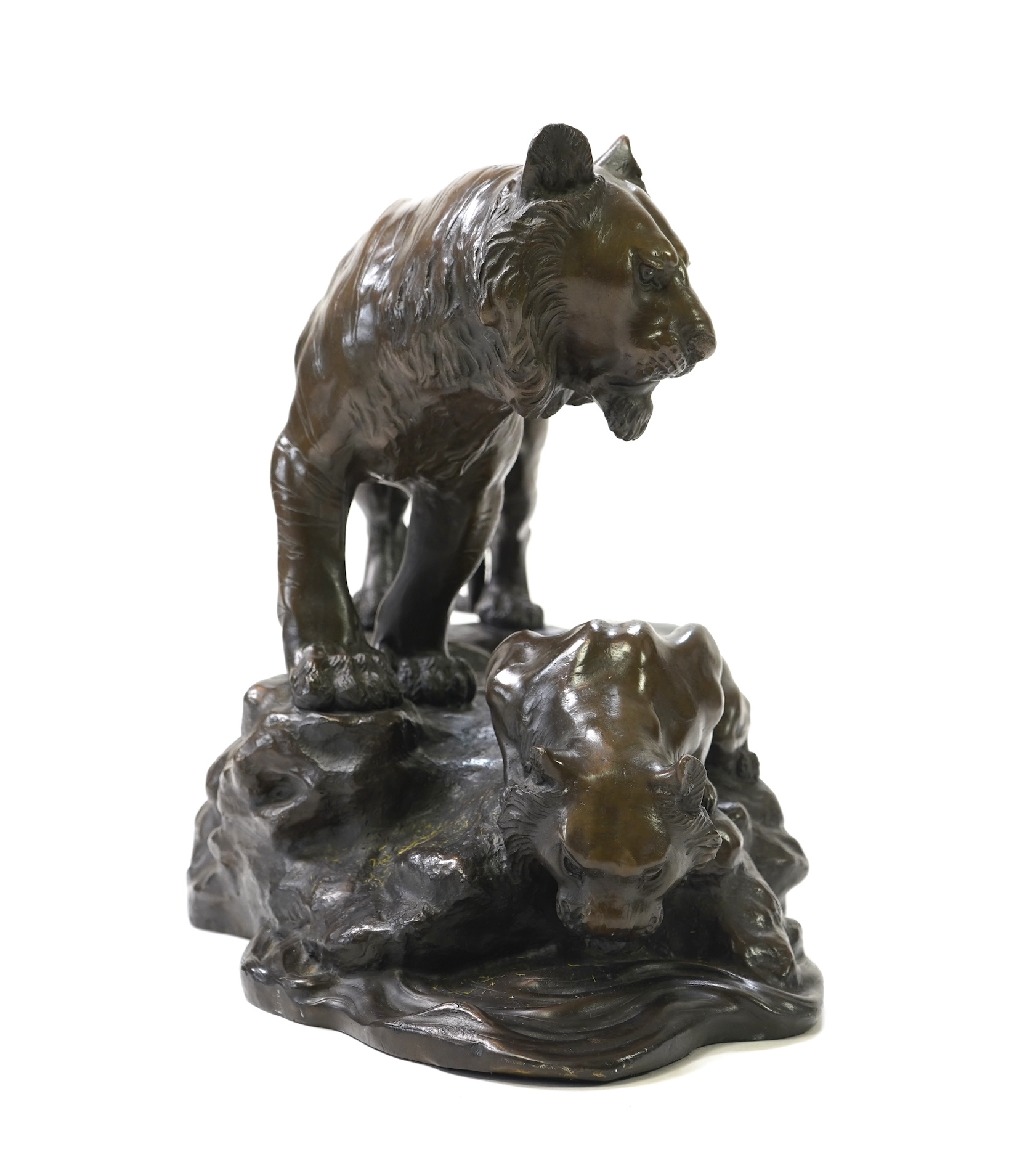 CHANGE TO DESCRIPTION- After Genryusai Seiya, a large patinated bronze group of two tigers on a riverbank